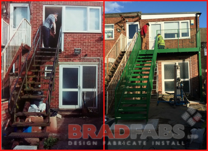 Before and after photos of fire escape manufactured by Bradfabs