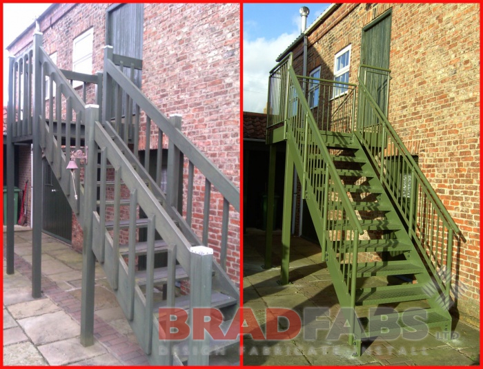 Mild steel, galvanised and powder coated fire escape by Bradfabs