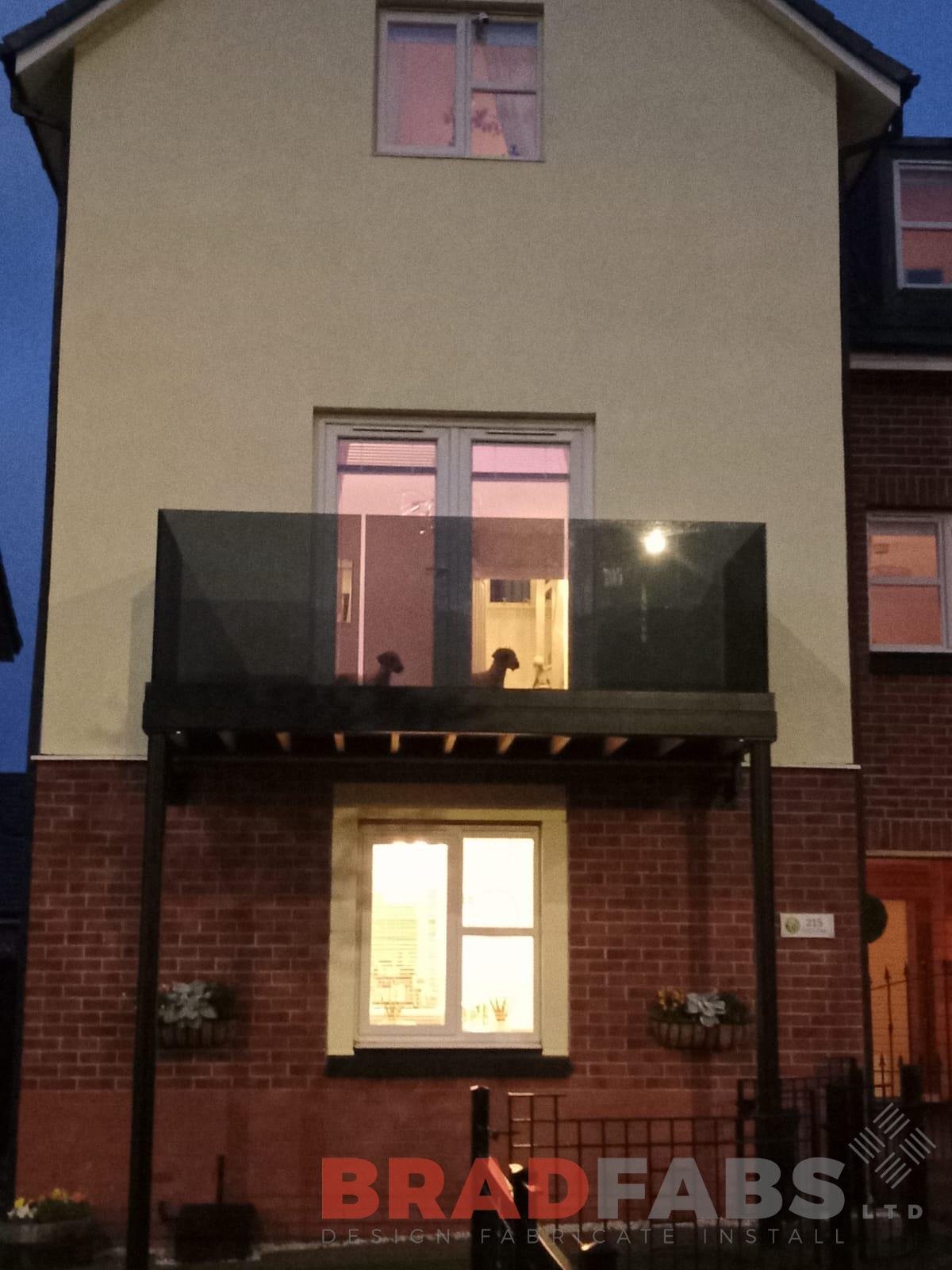 Bradfabs, tinted infinity glass channel system balustrade, bespoke balcony, steel balcony 