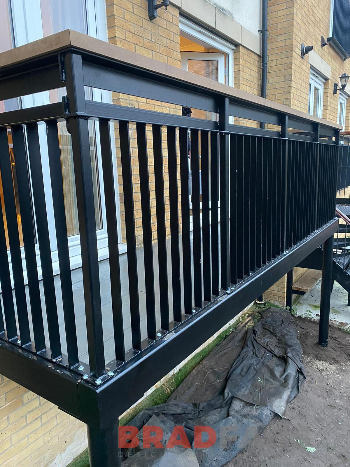 Bradfabs, balcony, mild steel balcony, metal balcony, vertical bar balustrade, composite decked flooring 