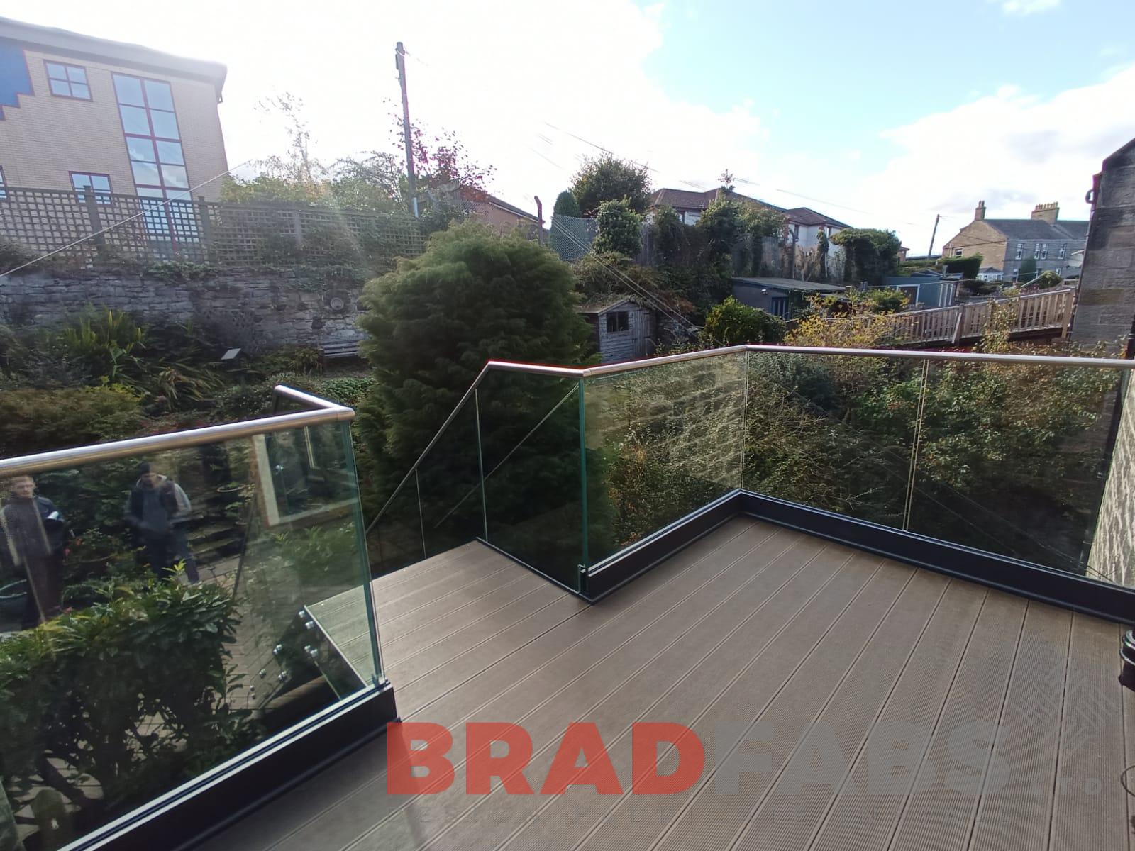 Bradfabs, balcony and staircase, bespoke steel balcony, glass balustrade 