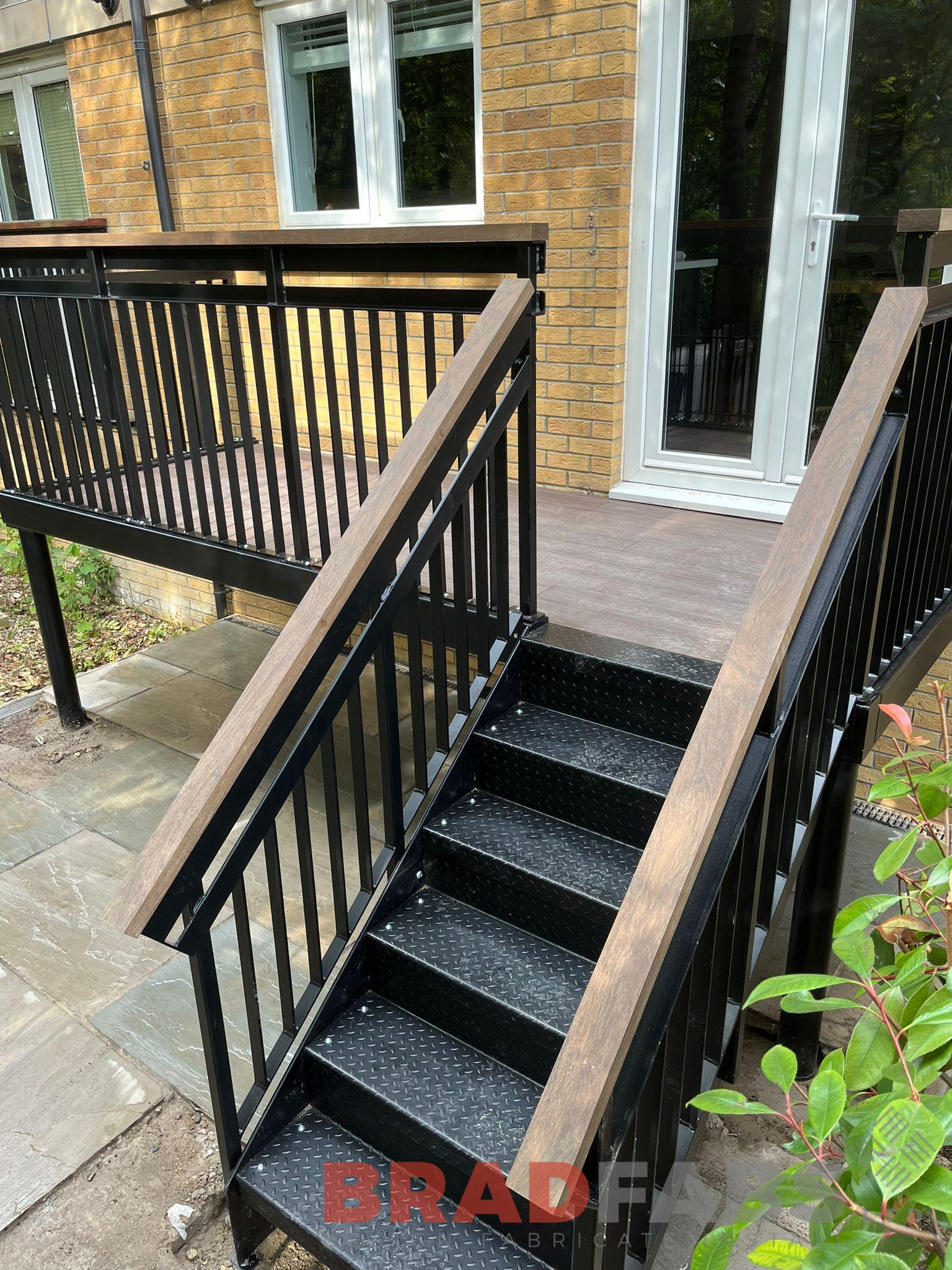 Bradfabs, balcony and staircase, mild steel and galvanised balcony, vertical bar balustrade 