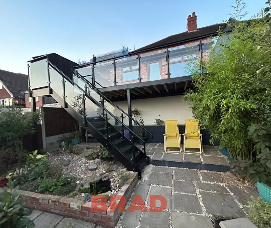 Balcony and staircase, domestic property balcony, metal balcony with glass balustrade, bradfabs