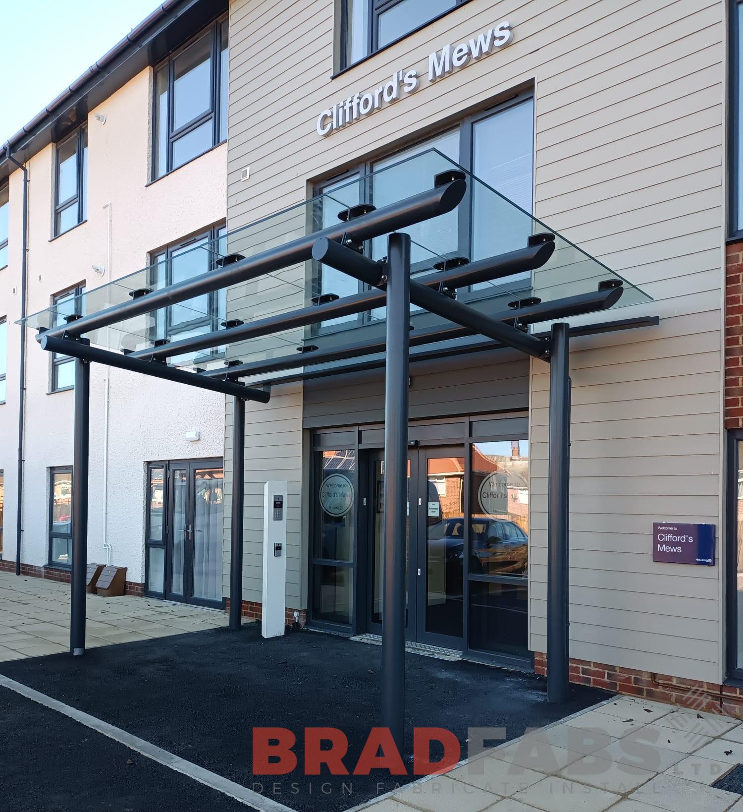 Bradfabs, canopy, bespoke canopy, steel canopy, canopy with glass 