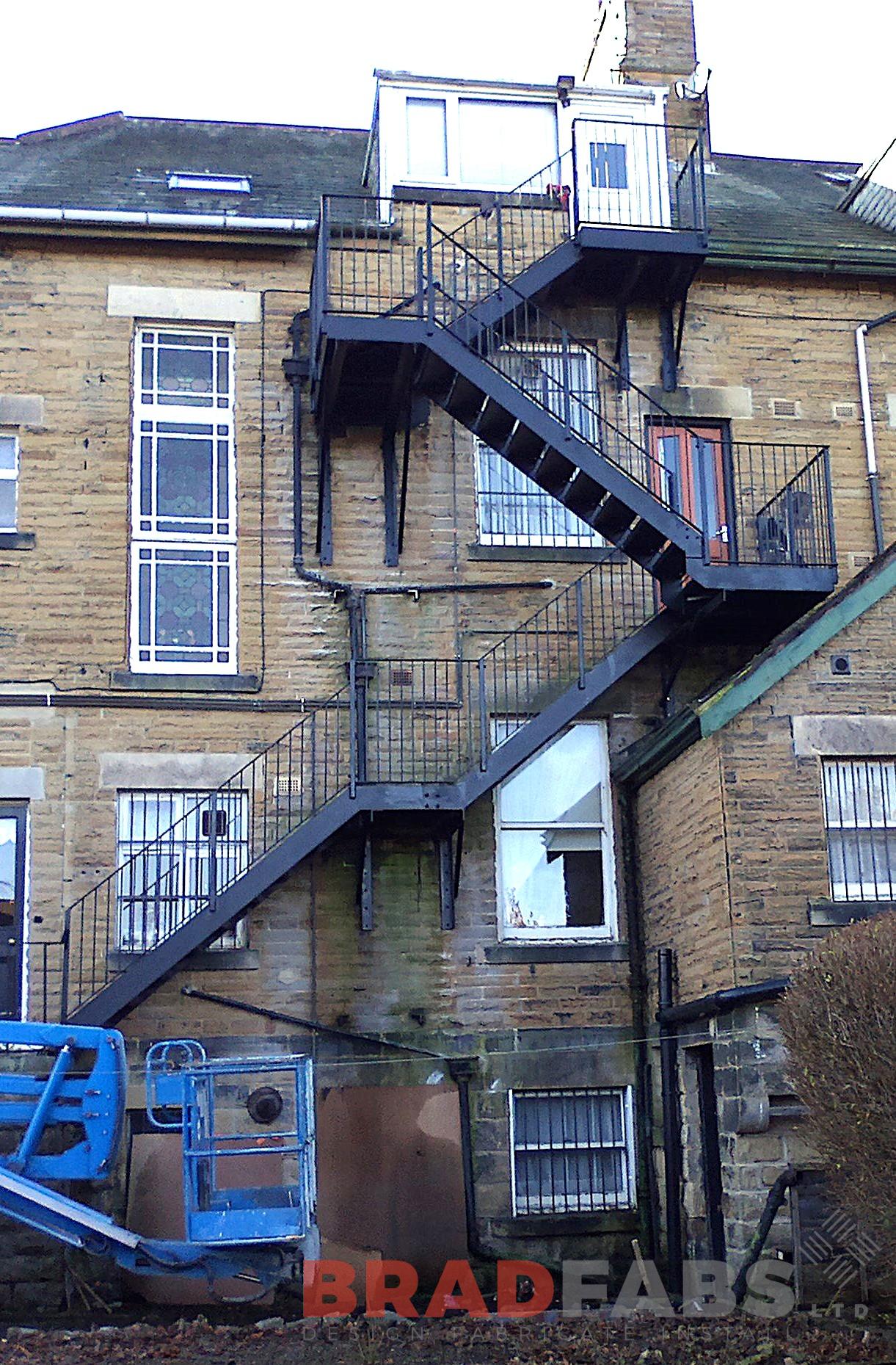 Complex black metal escape route staircase in Harrogate