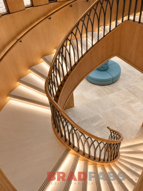 Individually designed grand staircase, with decorative balustrade by Bradfabs Ltd for Carden Park, Chester