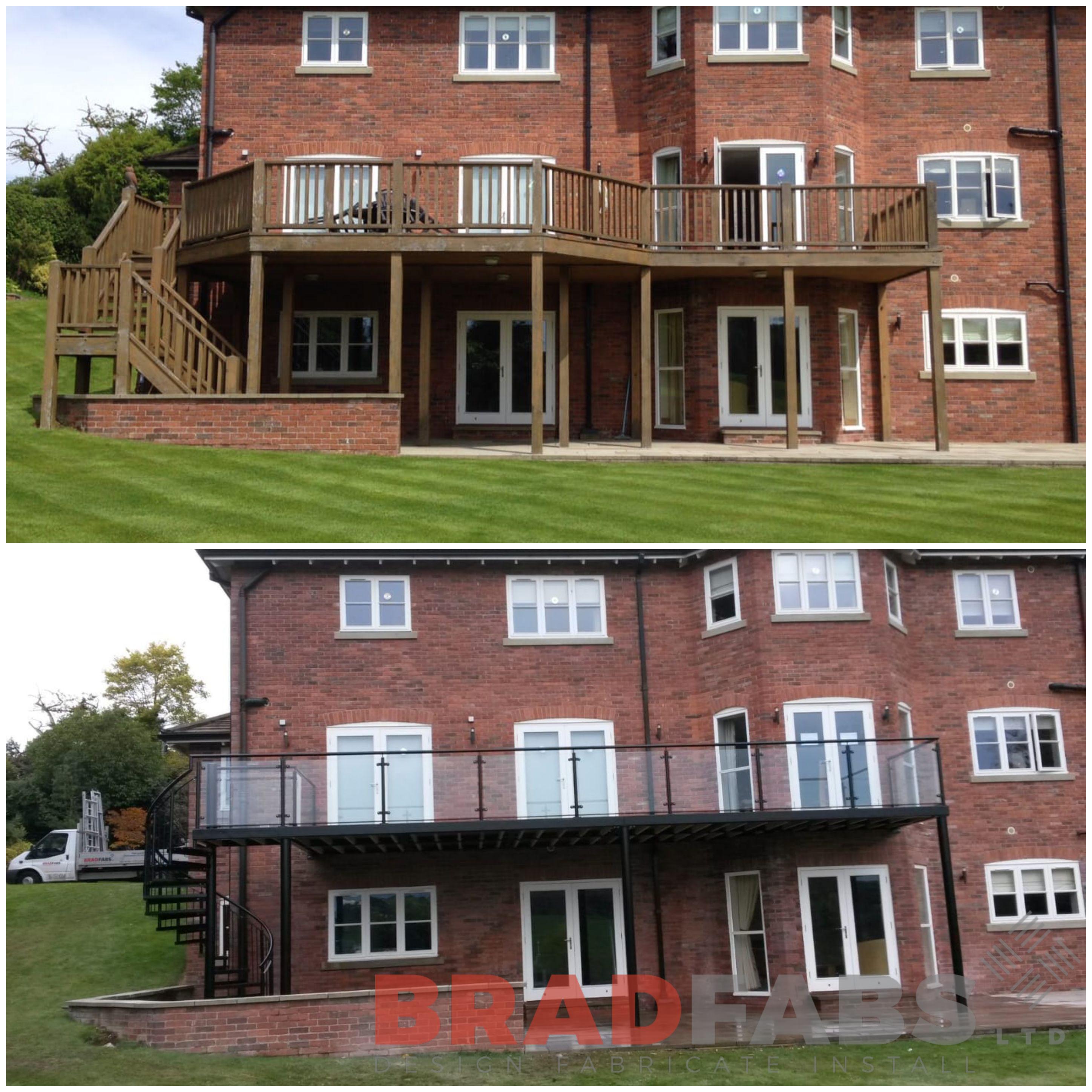 Large Beautiful modern balcony with spiral staircase infinity glass balustrade powder coated mild steel and galvanised handrail composite decked floor durbar treads open treads black