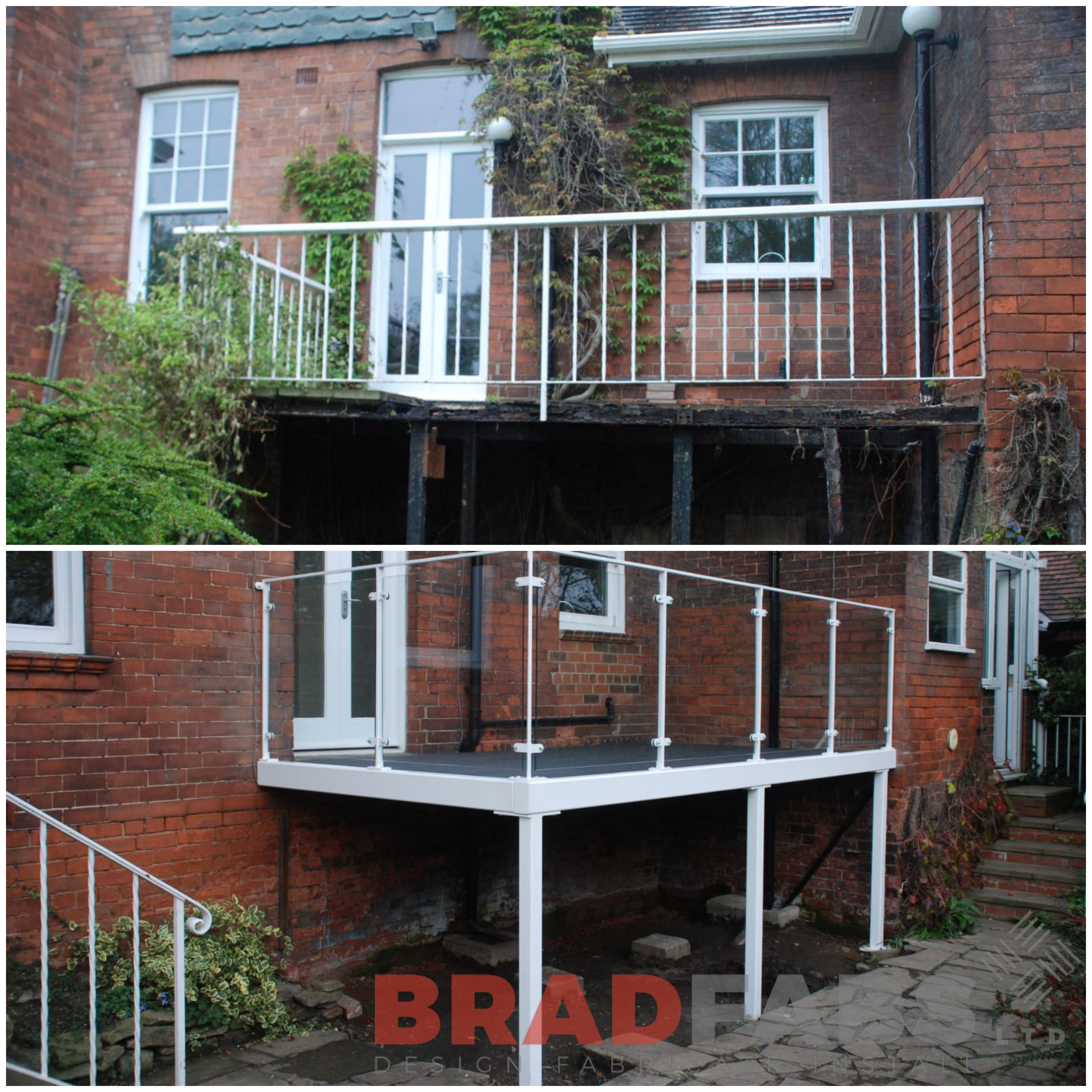 Stunning transformation of before and after shots of this steel, galvanised and powder coated balcony with glass balustrade by Bradfabs, UK Manufacturers