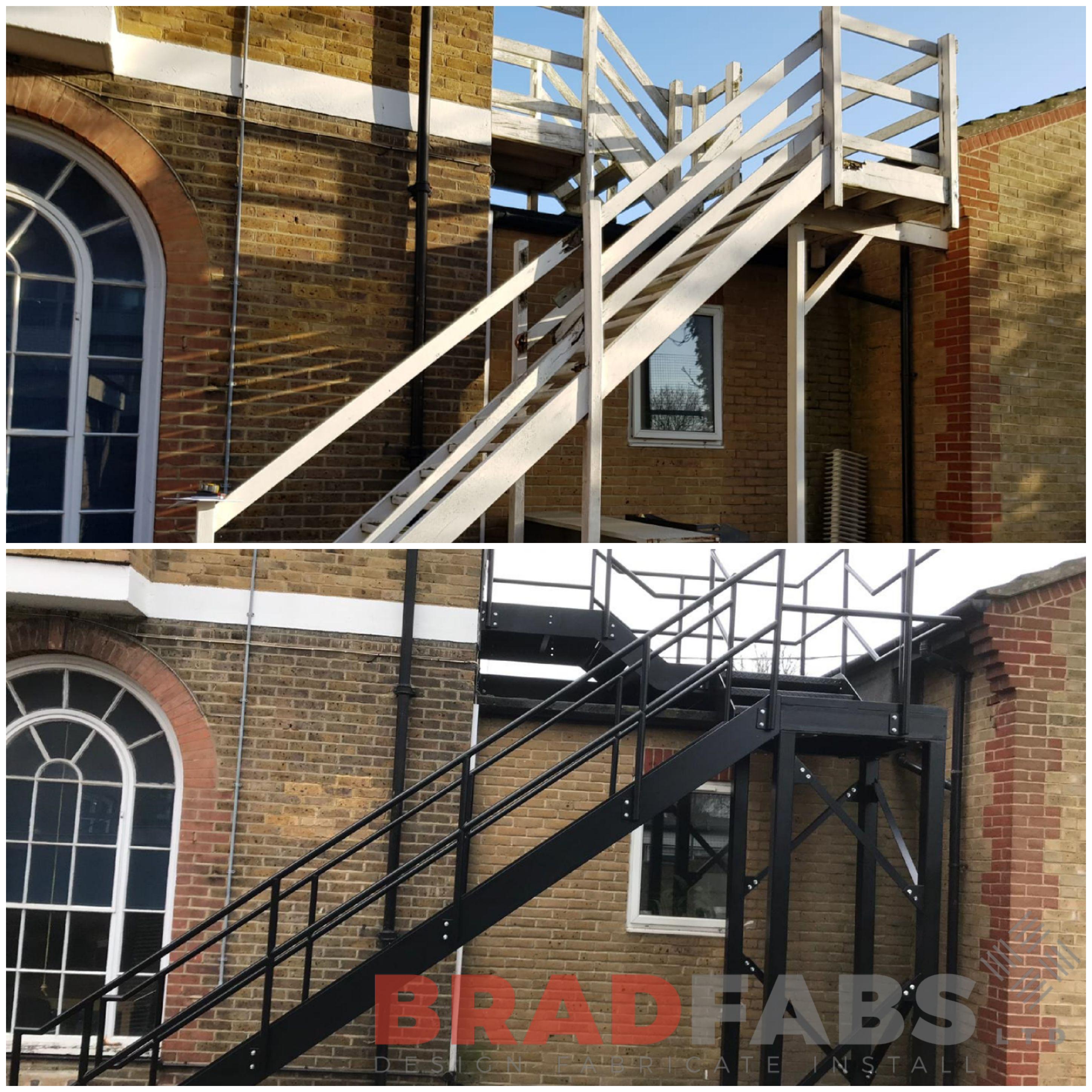Transformation from a broken and rotten wooden fire escape to a sturdy, safe mild steel galvanised and powder coated fire escape with durbar treads by Bradfabs 