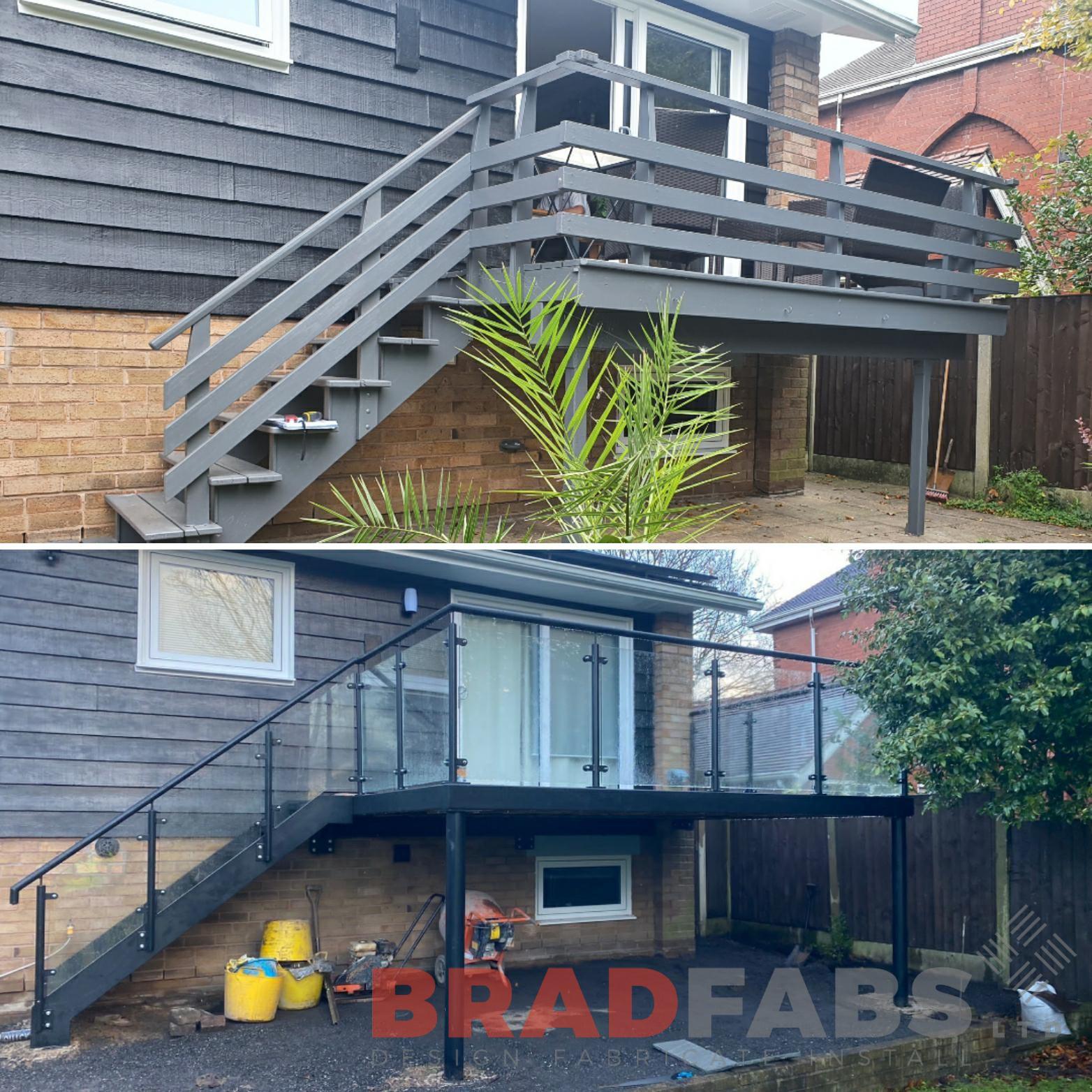 Transform your existing timber balcony in to a sturdy steel balcony with glass balustrade and durbar treads by Bradfabs 
