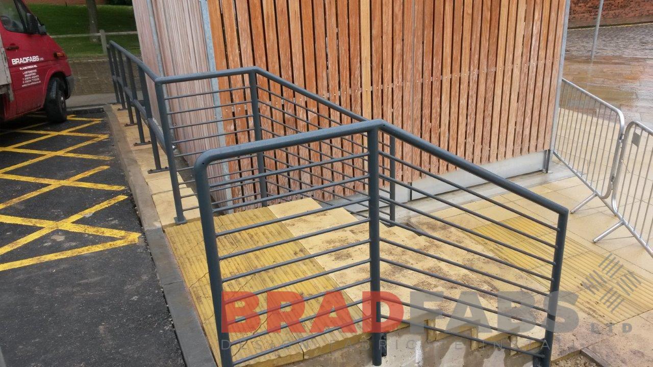 mild steel, galvanised and powder coated railings for a commercial property car park, with horizontal balustrade by Bradfabs Ltd