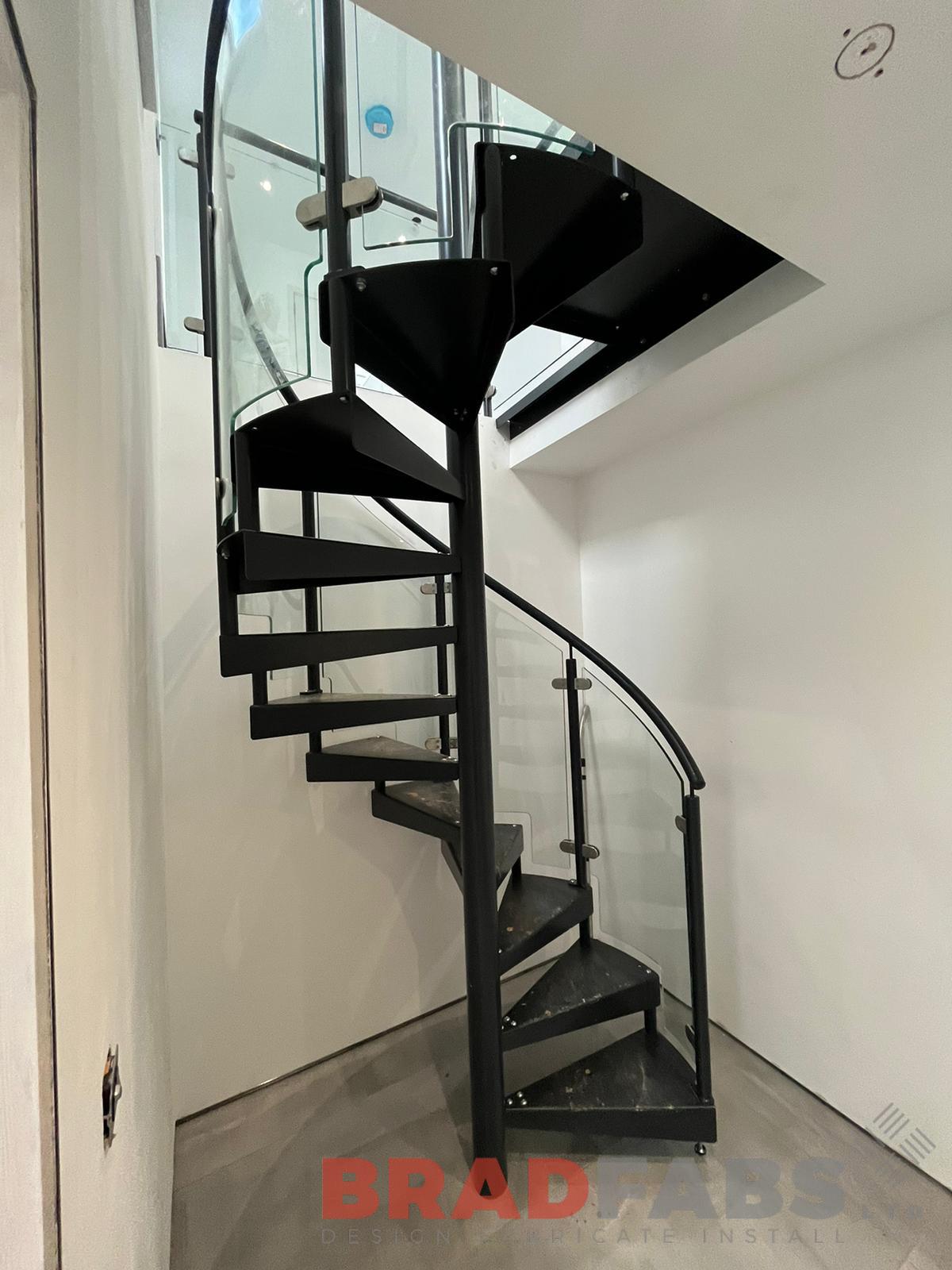 Bradfabs, spiral staircase, glass balustrade, steel staircase