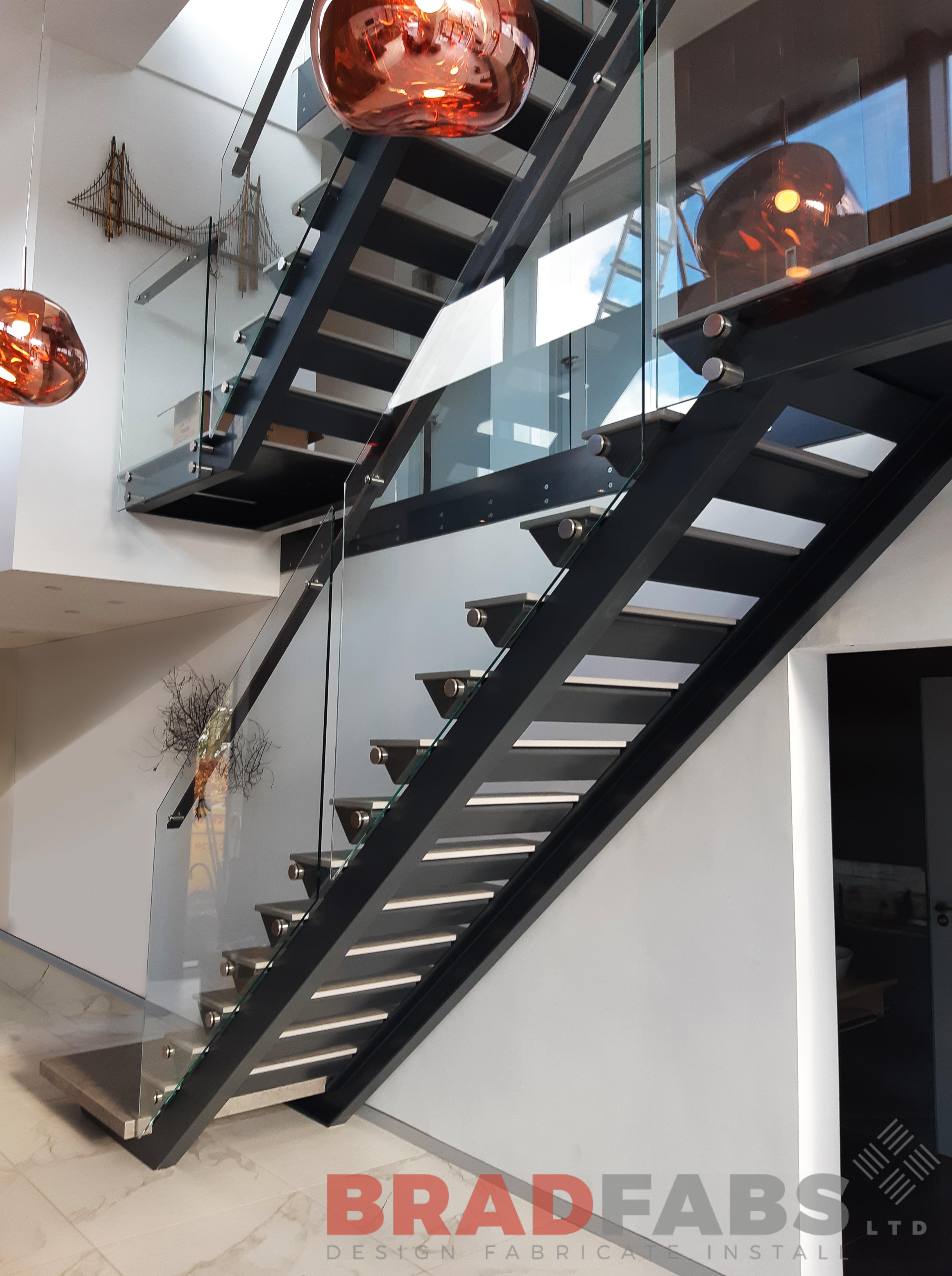 Bradfabs, staircase, glass balustrade, stainless steel top rail 