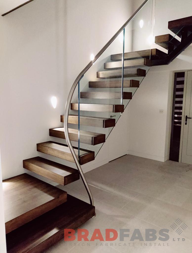 Bradfabs straight internal staircase, floating staircase with oak treads and glass balustrade 