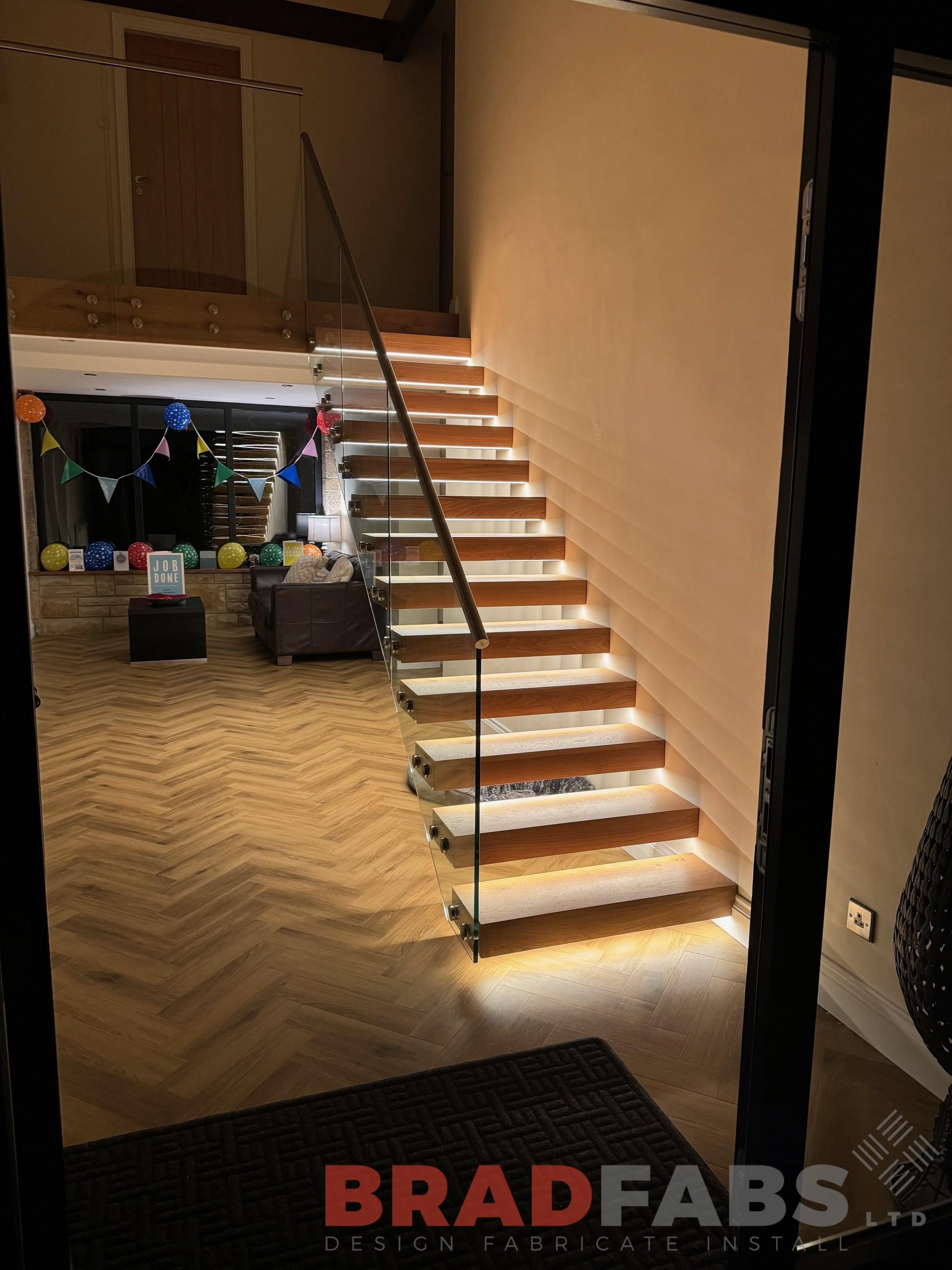 Internal staircase, oak treads, glass balustrade, bradfabs design