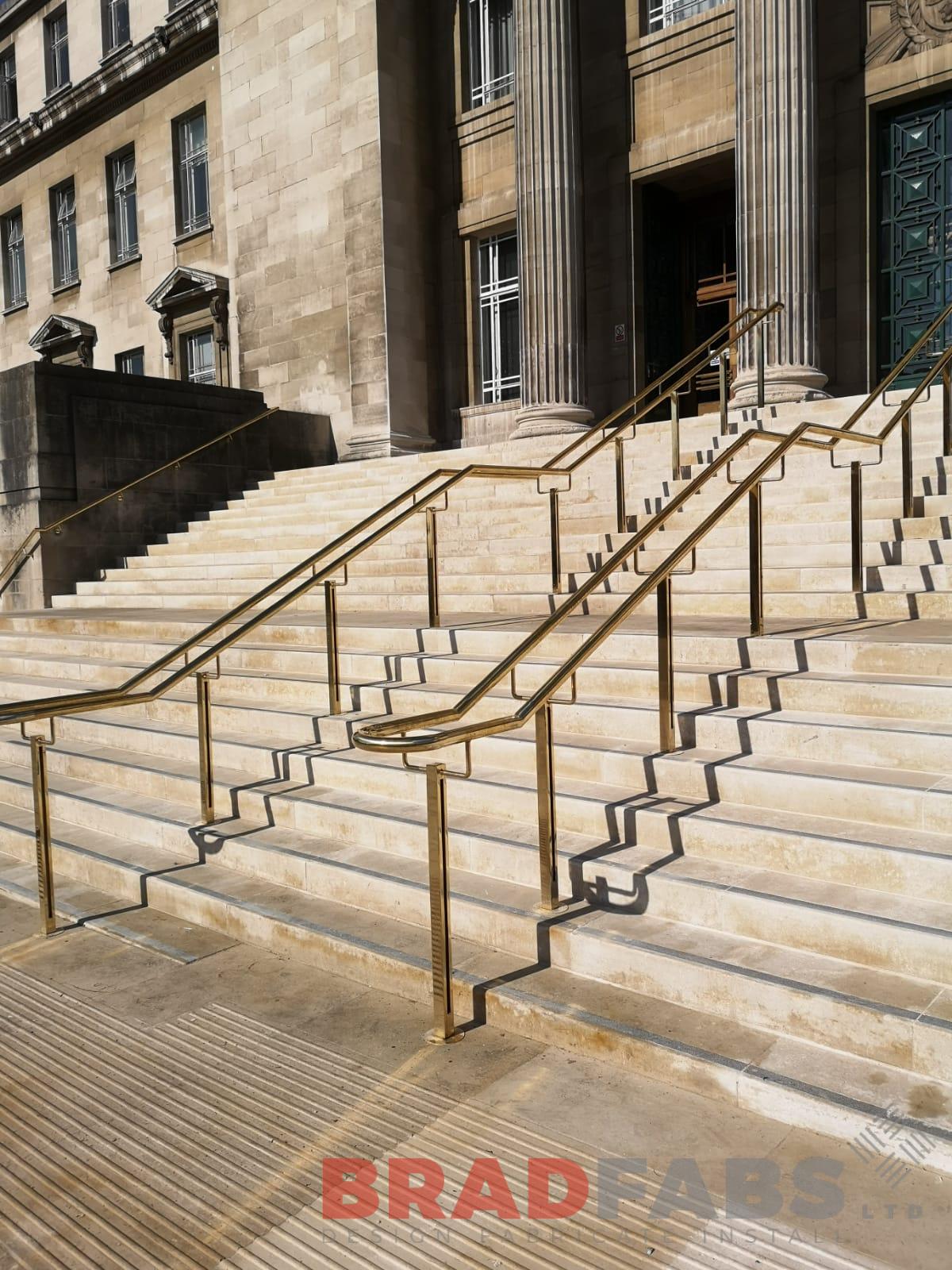 Bespoke brass handrails for a university in West Yorkshire by Bradfabs 
